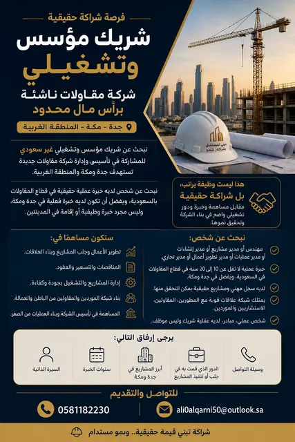 شريك لافتتاح شركة مقاولات